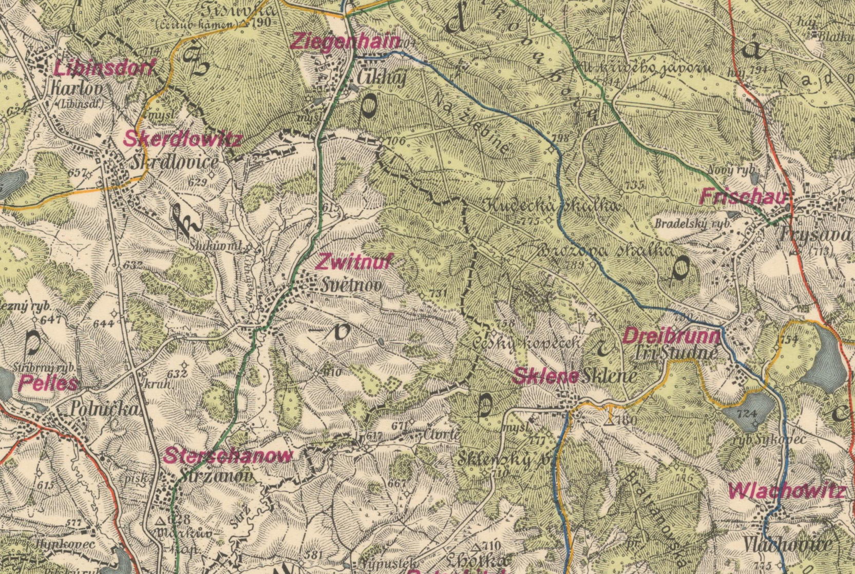 Výřez speciální mapy 1:75 000 s dotiskem německých jmen měst a obcí