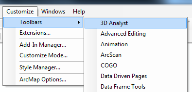 Otevření panelu nástrojů pro 3D Analyst