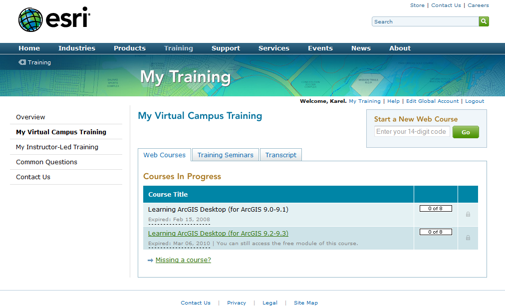 Úvodní obrazovka po přihlášení do ESRI Virtual Campus Training